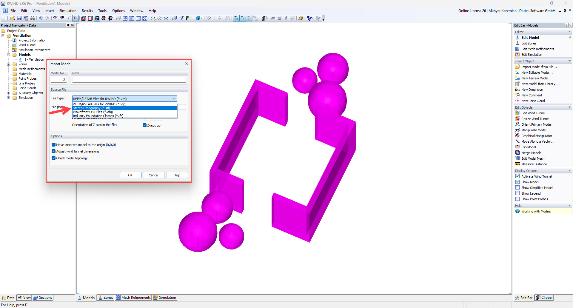 Importation d’un modèle STL dans RWIND Simulation pour l’analyse des flux de vent