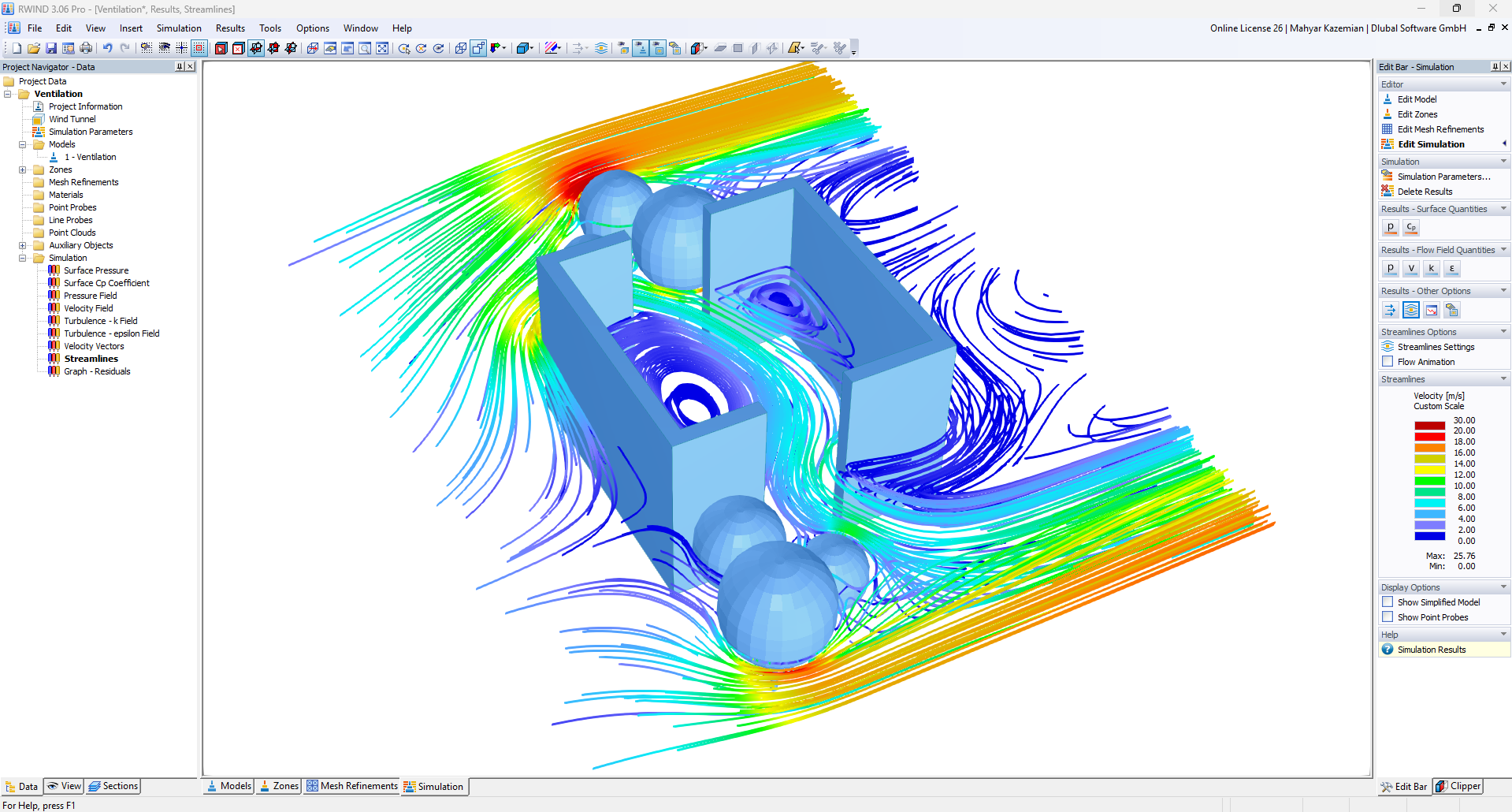 Résultats de ligne de flux RWIND montrant les flux de vent et les motifs de ventilation autour du bâtiment