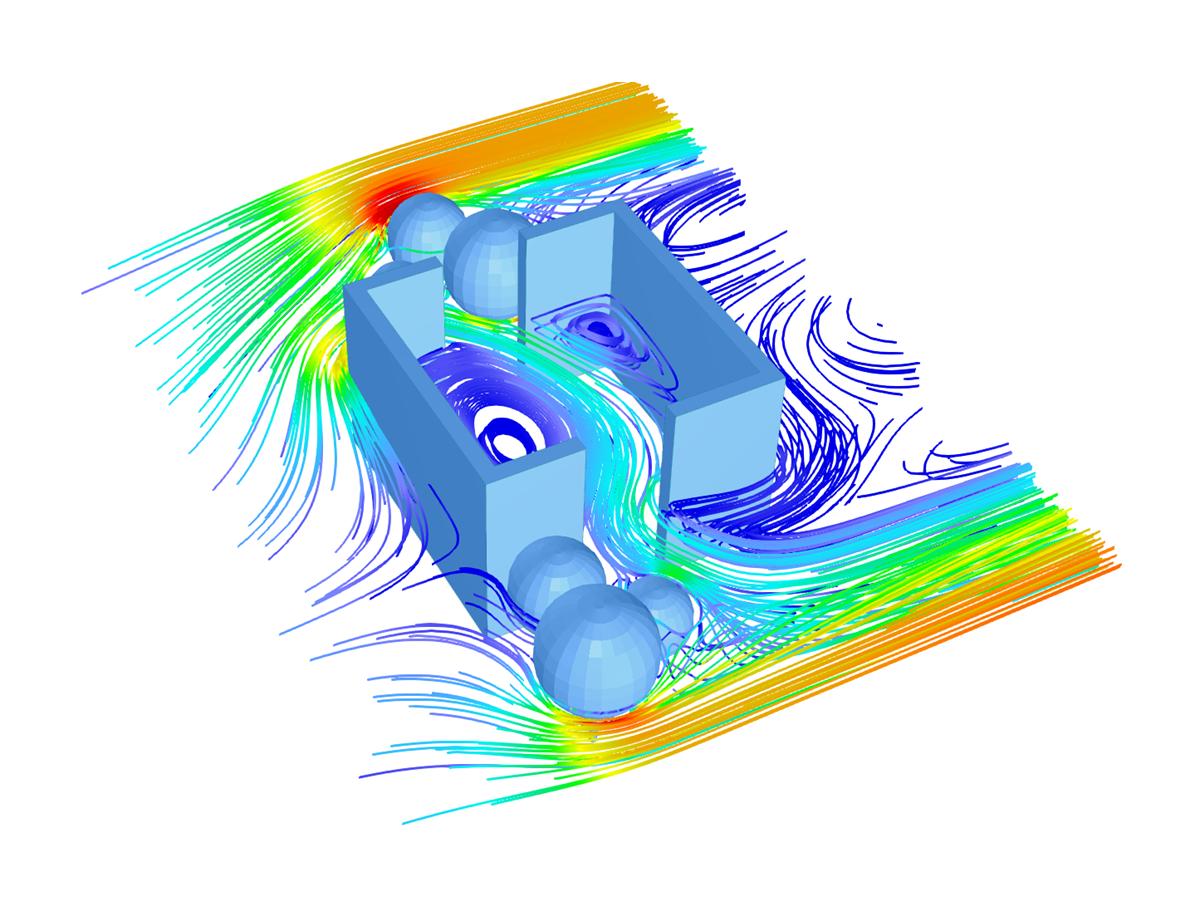 Les résultats des lignes de flux montrent les flux d’air et les modèles de ventilation autour d’un bâtiment, illustrant les aérodynamiques influencées par les structures urbaines.
