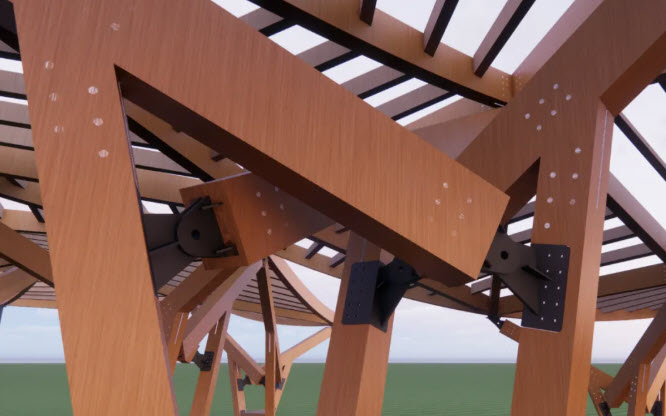 Structure bois avec différents organes d’assemblage, gros plan