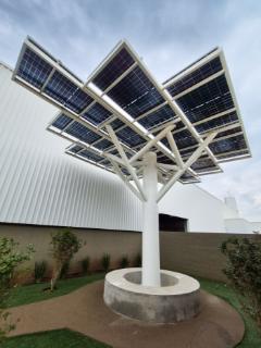 Structure en acier robuste pour l’installation d’un système photovoltaïque dans un bâtiment en forme d’arbre.