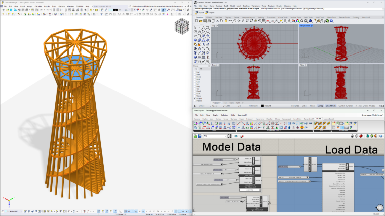 Illustration de l’intégration RFEM et Rhino démontrant leurs capacités combinées dans la modélisation et le calcul structurel 3D.