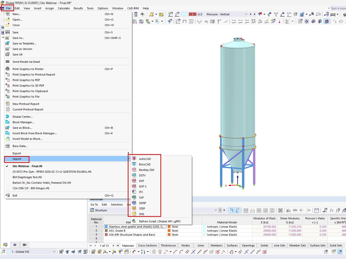 Interface RFEM 6 affichant différentes options d’importation de fichiers pour une intégration fluide.