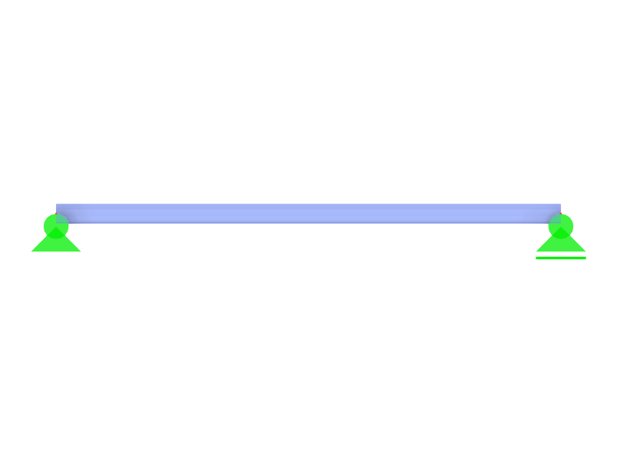 Une poutre simple est représentée avec des appuis et une charge appliquée, utilisée en calcul de structure pour évaluer les forces et les moments.