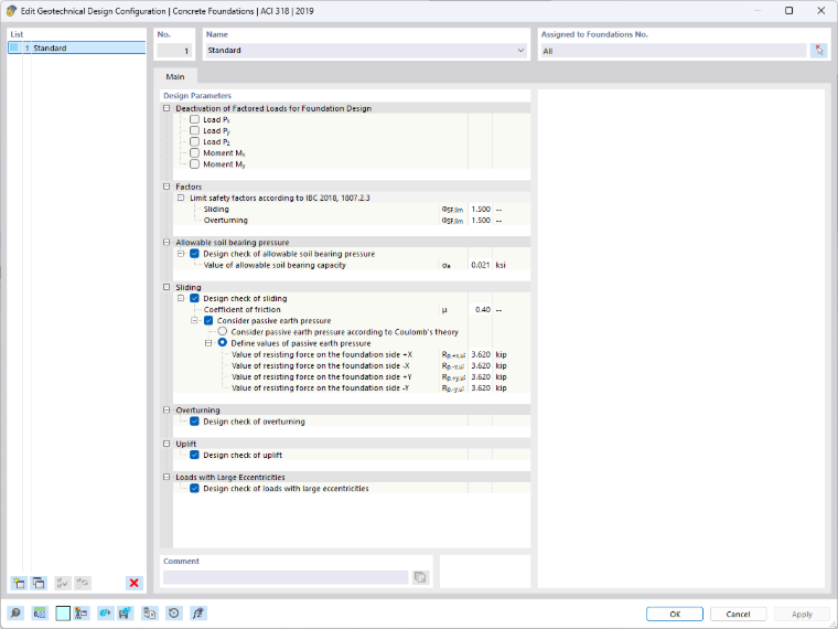 Configuration pour la vérification géotechnique RFEM 6 fondation béton glissement stabilité externe flottabilité réglages
