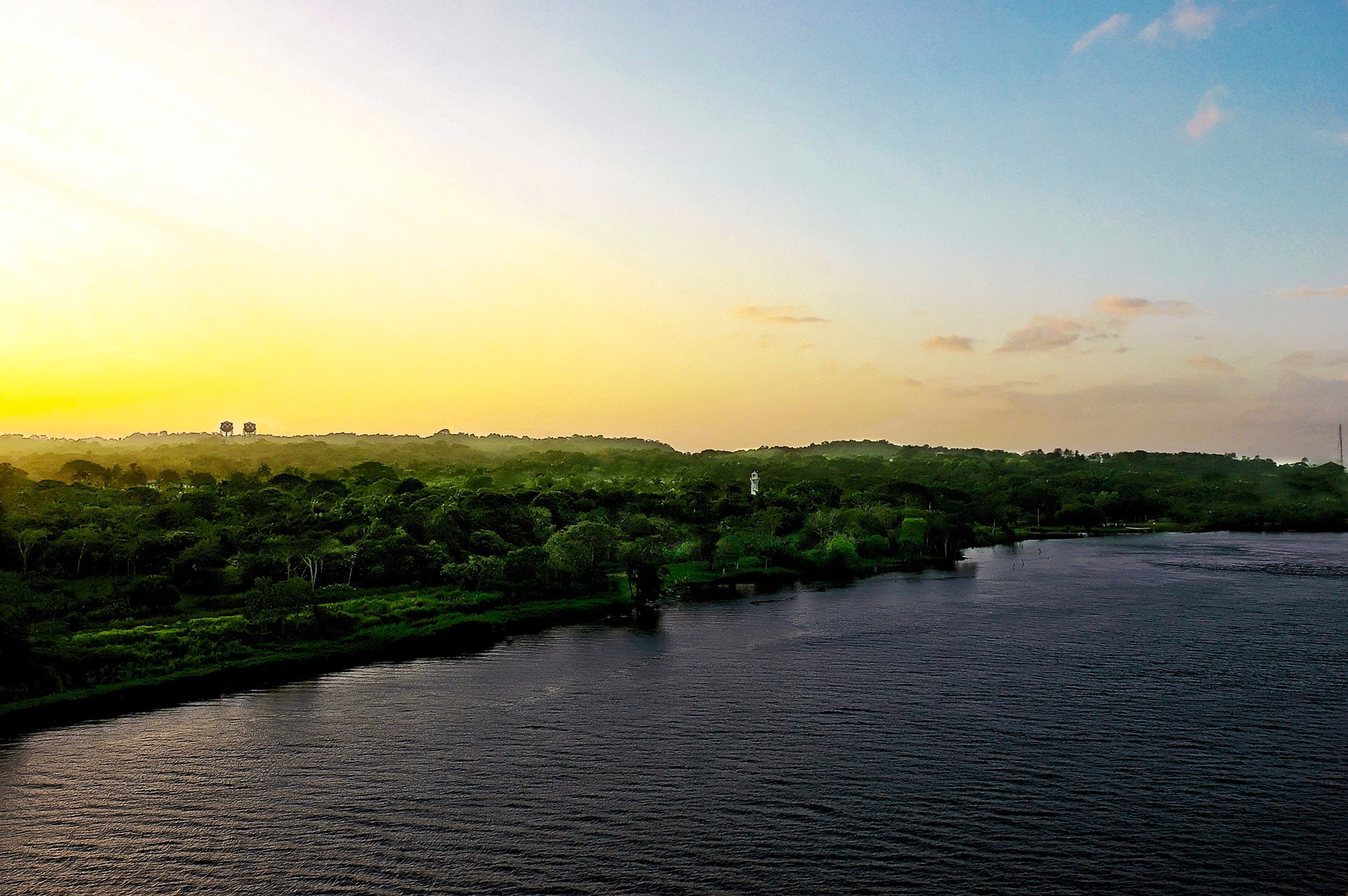 Vaste paysage avec végétation et plan d’eau le long du canal de Panamá, entouré de collines et d’arbres