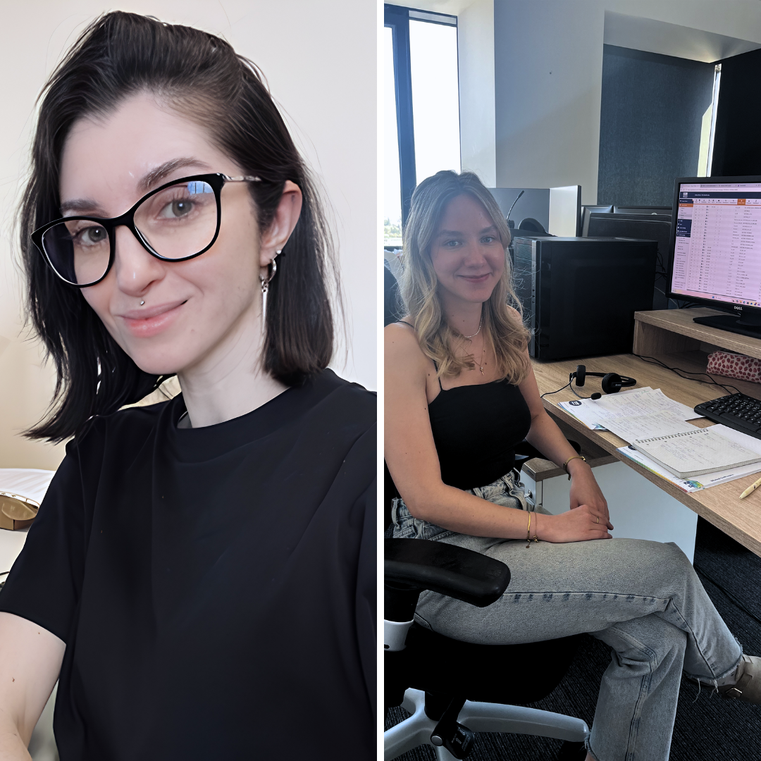 Marina Kulková et Kristína Uhrová, analystes/testeuses chez Dlubal Software, représentées dans une image divisée avec un portrait en selfie et un environnement de bureau.