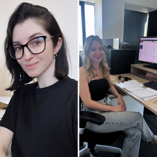 Marina Kulková et Kristína Uhrová, analystes/testeuses chez Dlubal Software, représentées dans une image divisée avec un portrait en selfie et un environnement de bureau.