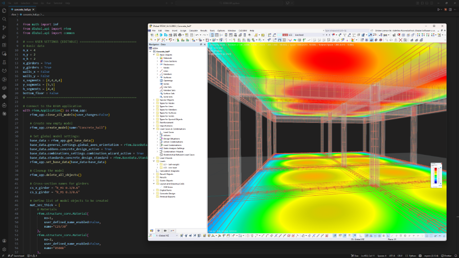 Interface du script Python à côté d'un modèle en béton armé dans l'interface utilisateur de RFEM 6.