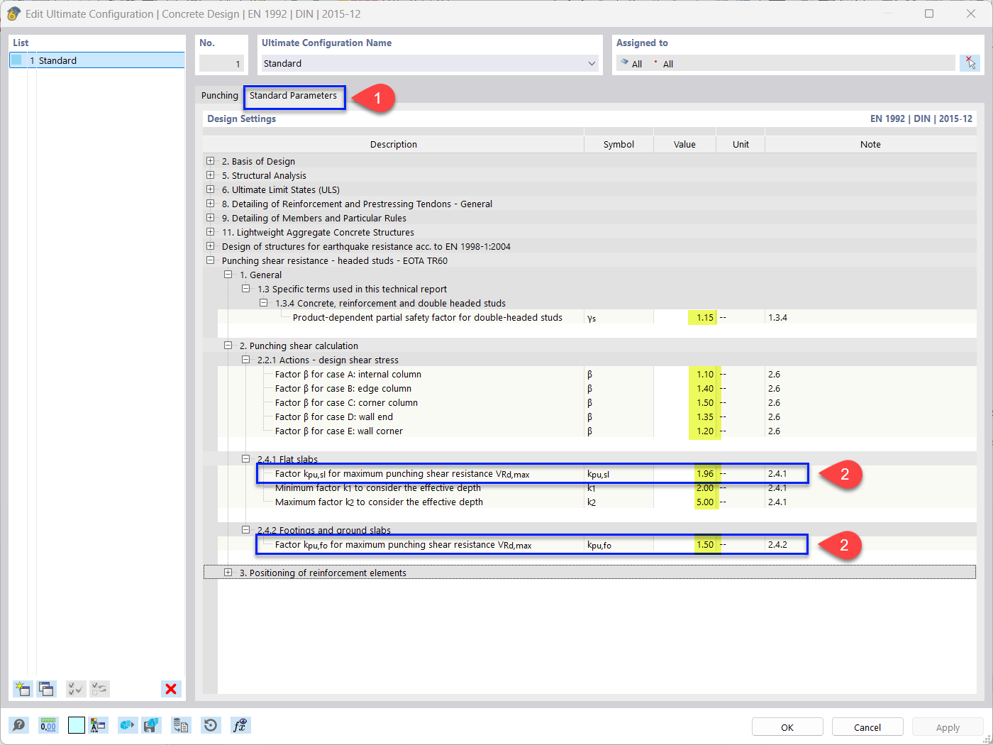 Réglage de la configuration de capacité portante conformément aux directives EOTA