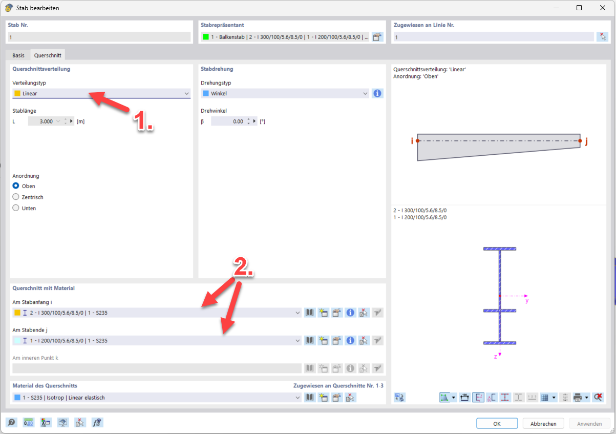 La boîte de dialogue « Modifier la barre » affiche la sélection de la section dans l’onglet « Sections » de RFEM 6, avec un accent sur les options de liste déroulante pour le type de distribution ainsi que les sections initiale et finale.