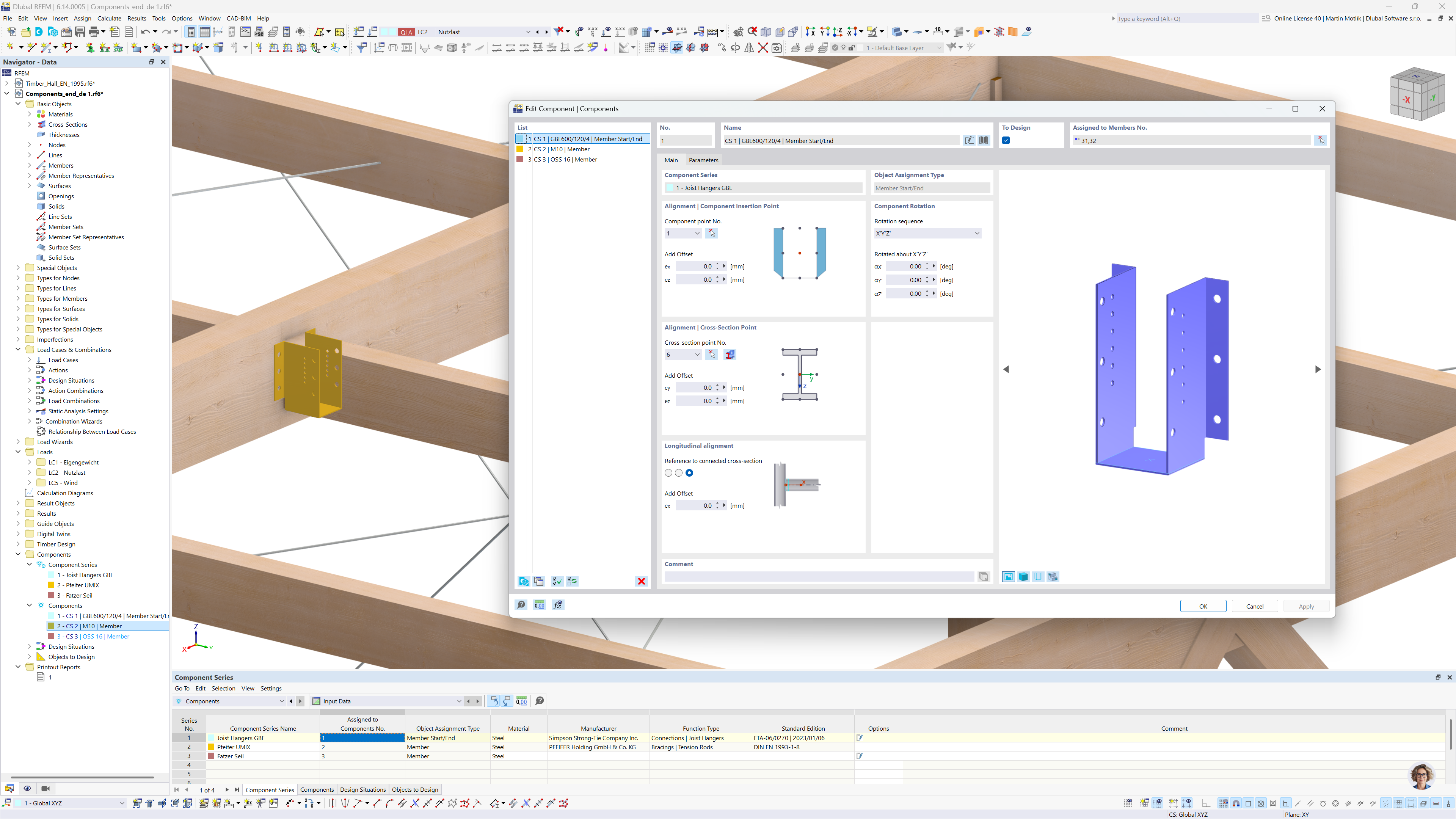 L’interface RFEM 6 affiche une boîte de dialogue permettant de modifier les sabots de solive GBE dans le module complémentaire Composants.