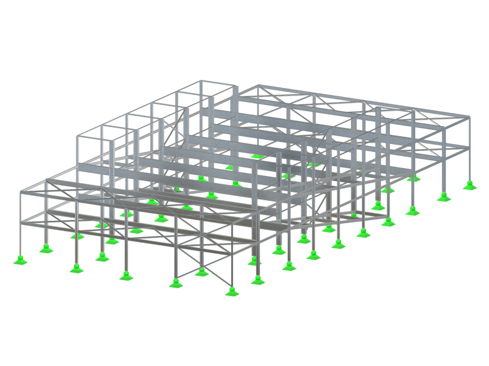 Structure en acier d'un parking à deux étages, 47,62 × 24,5 m, hauteur 9,4 m, Čelákovice. Pente inclinée 1,75 %, portiques HEA 500.