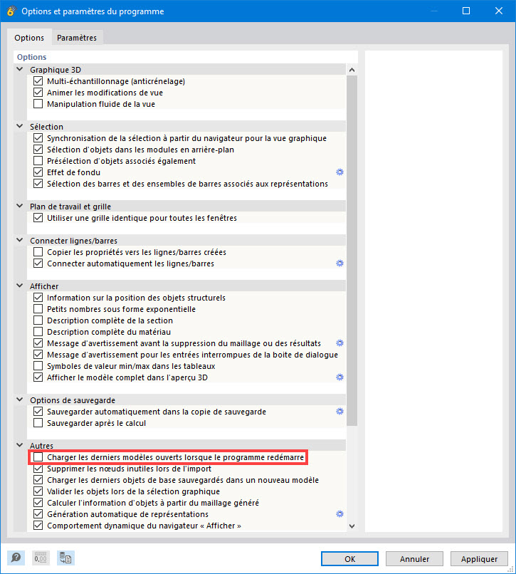 Boite de dialogue Options et paramètres du programme