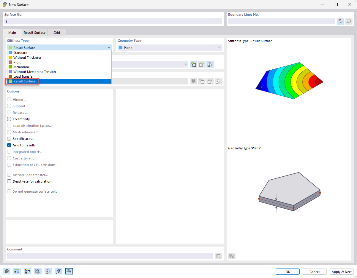 Type de rigidité Surface résultante dans RFEM pour l’intégration des forces