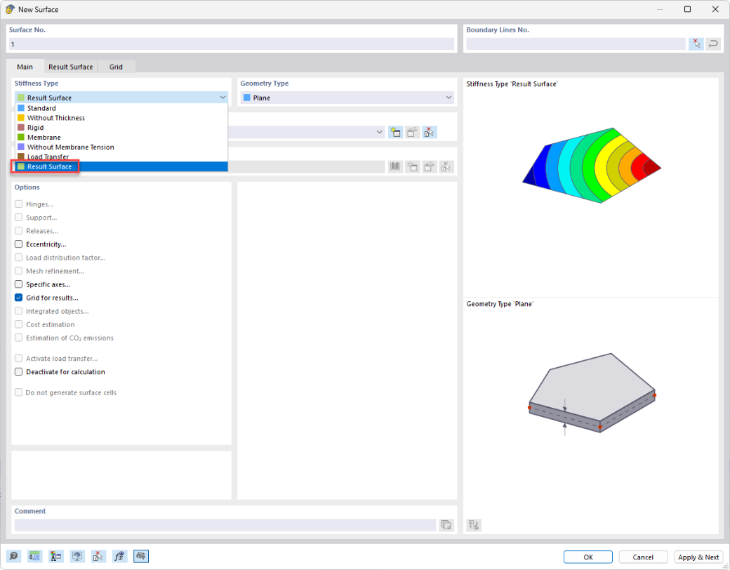 Type de rigidité Surface résultante dans RFEM pour l’intégration des forces