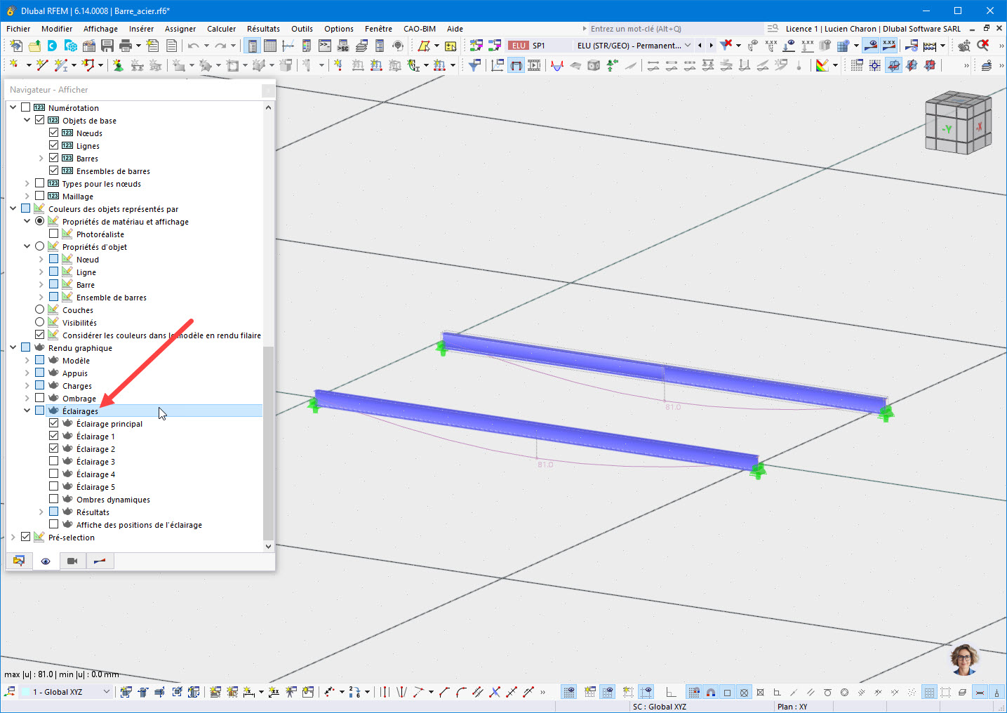 Vue du navigateur dans RFEM avec éclairage principal et les éclairages 1 et 2 activés.
