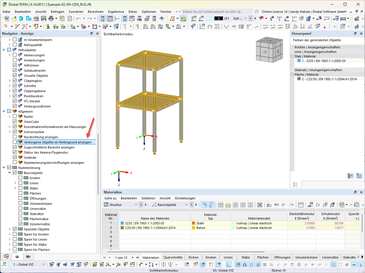 Interface de RFEM avec l’option désactivée pour les éléments cachés à l’arrière-plan