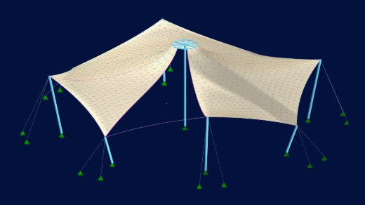 Une image montrant la définition des patrons de découpe sur des surfaces maillées dans une structure membranaire. Les détails du maillage guident la conception de la membrane.