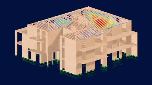Graphiques illustrant les éléments de calcul des structures en bois dans un logiciel d'analyse et de dimensionnement, en mettant l'accent sur les structures en bois et en bois massif.