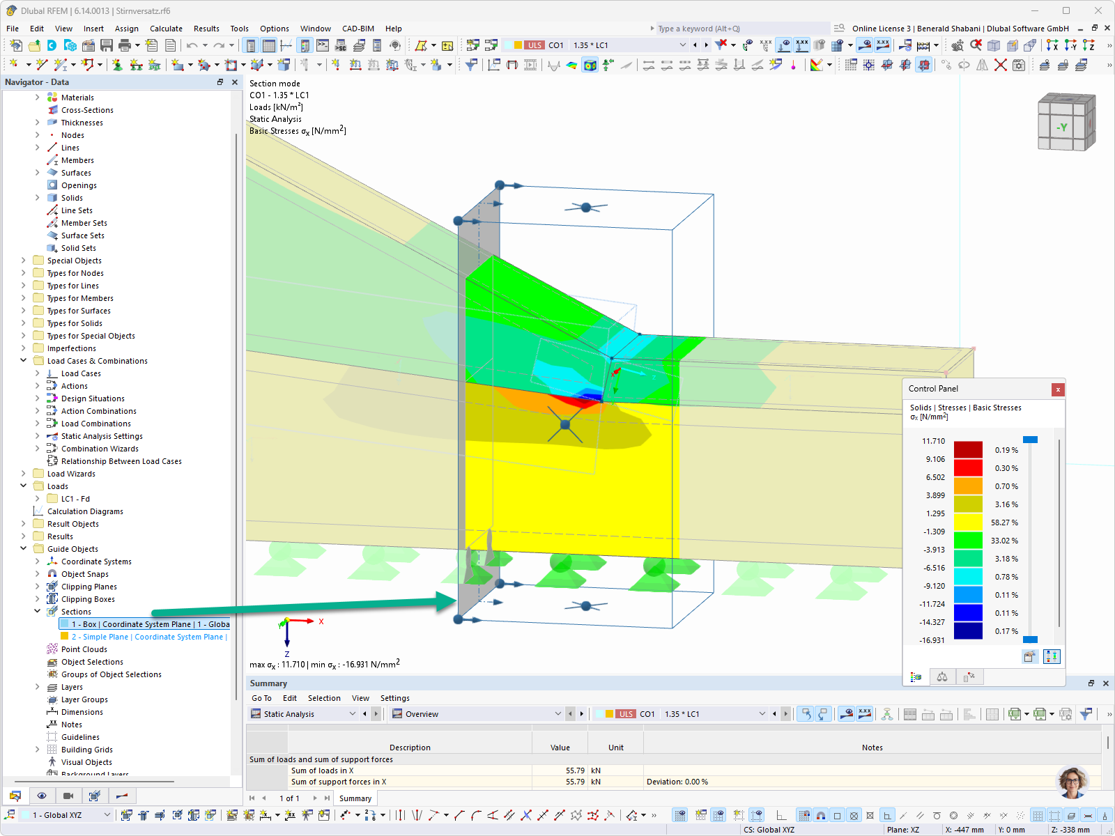 Représentation de l’objet repère Coupes pour le calcul de structure dans RFEM et RSTAB.