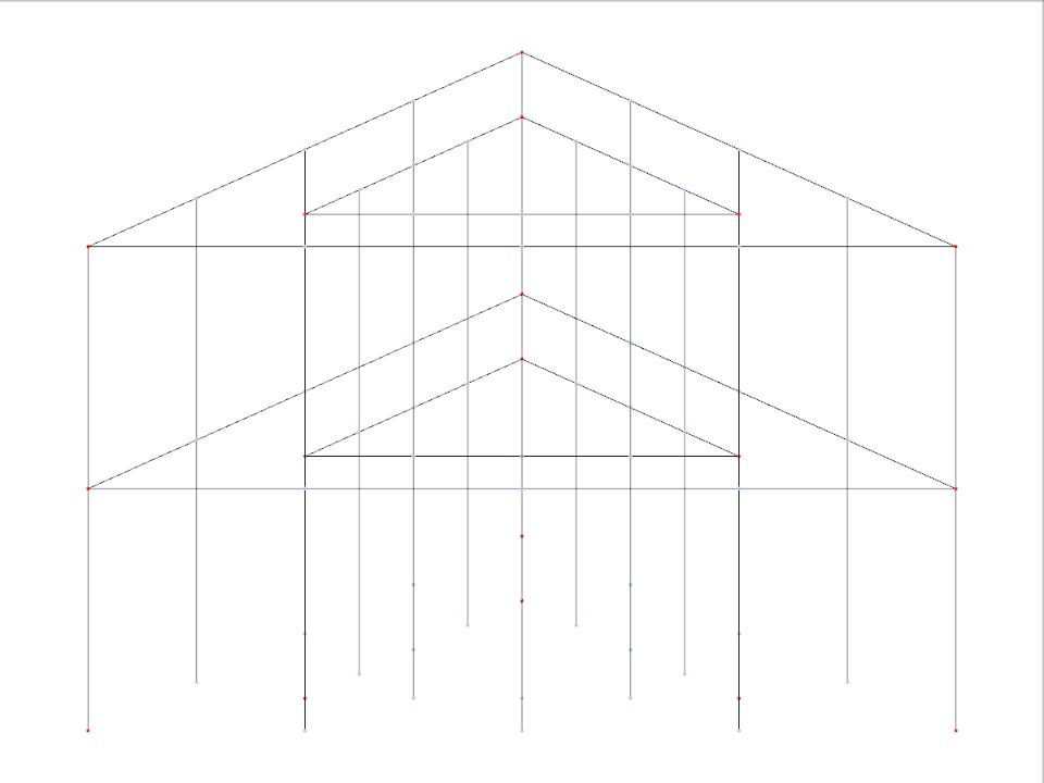 Grille 3D représentant un modèle structurel polygonal avec différents polygones et étages pour une analyse de construction polyvalente.