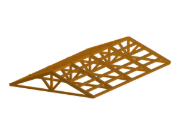 Un modèle numérique d'une structure de toit pour un bâtiment préfabriqué en bois, mettant en valeur des détails géométriques complexes et des éléments de conception structurelle.