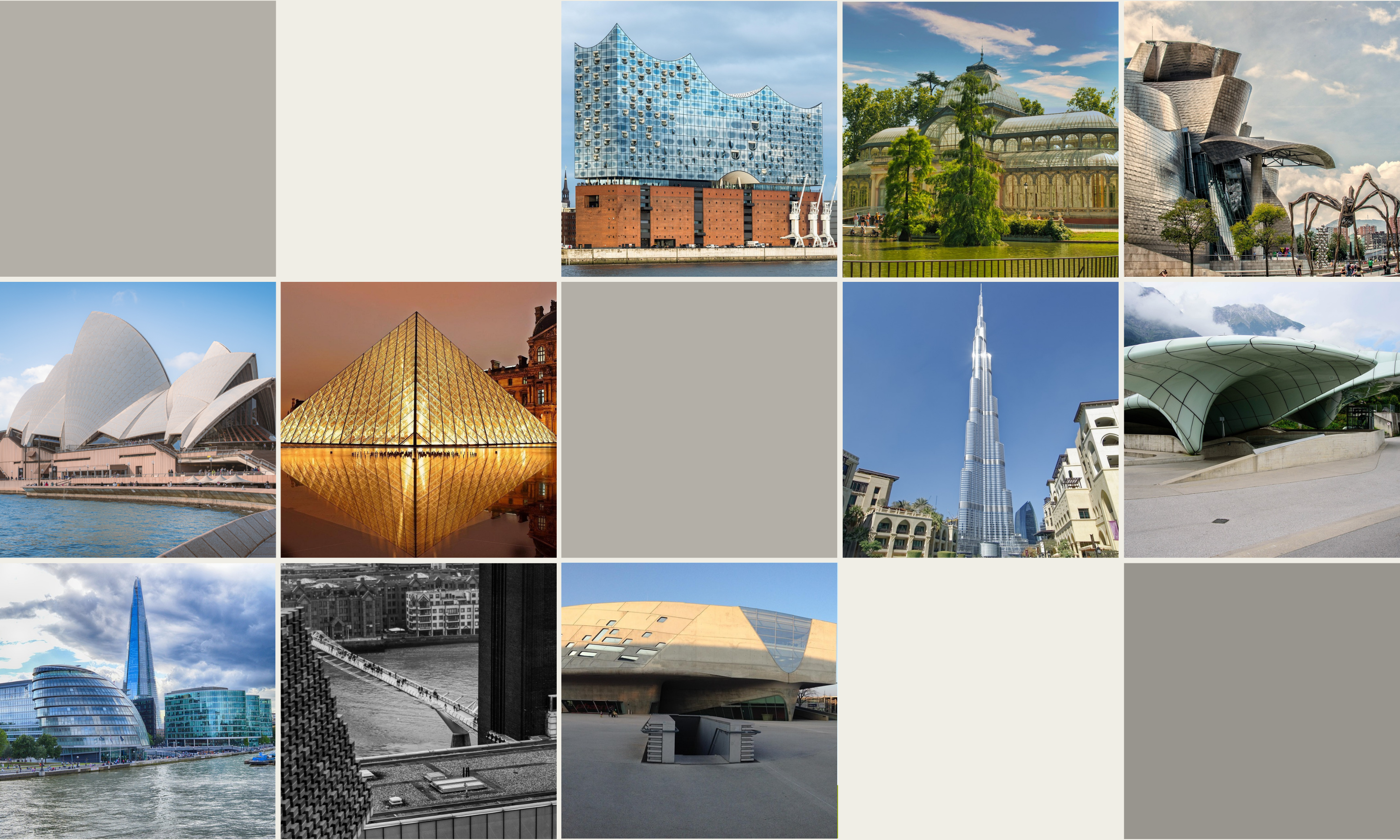 Collage de structures d’architectes ayant reçu le prix Pritzker. Inspiration et diversité de l’architecture moderne mises en avant.