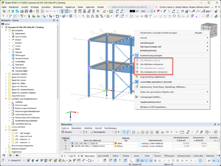 Vue détaillée d'un modèle avec des lignes directrices et une grille de construction qui peuvent être déverrouillées dans le menu contextuel.