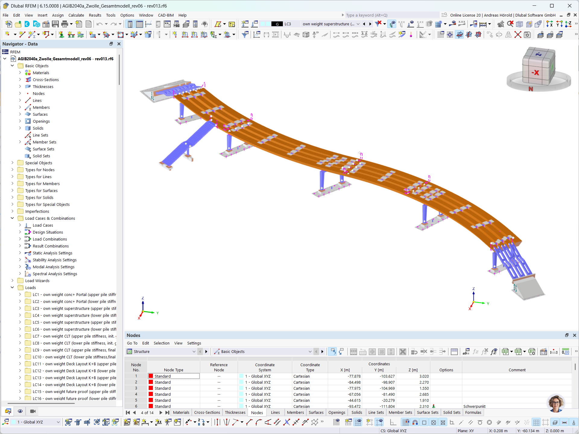 Passerelle en bois de la gare de Zwolle avec définitions des matériaux et cas de charge dans le logiciel d’analyse aux éléments finis dans RFEM.