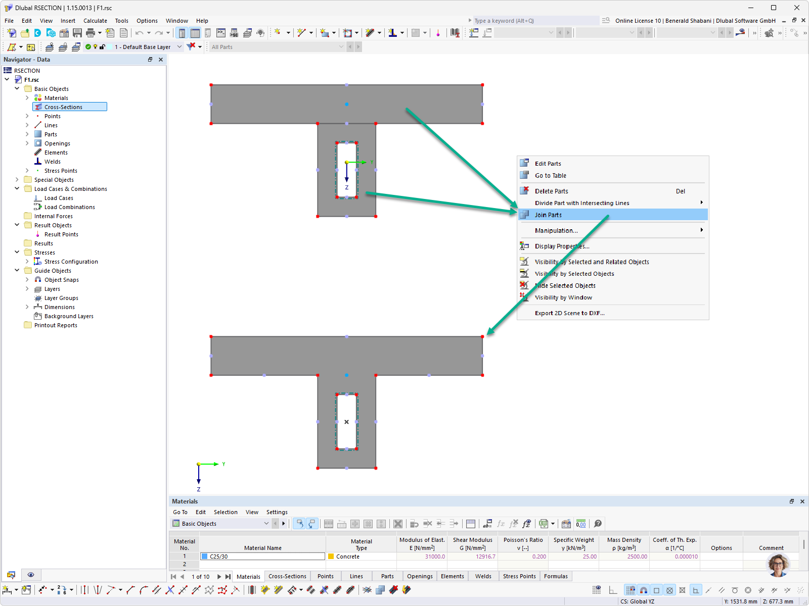 Interface du logiciel montre l'assemblage de différentes parties en une section en T avec creux et définitions des matériaux.
