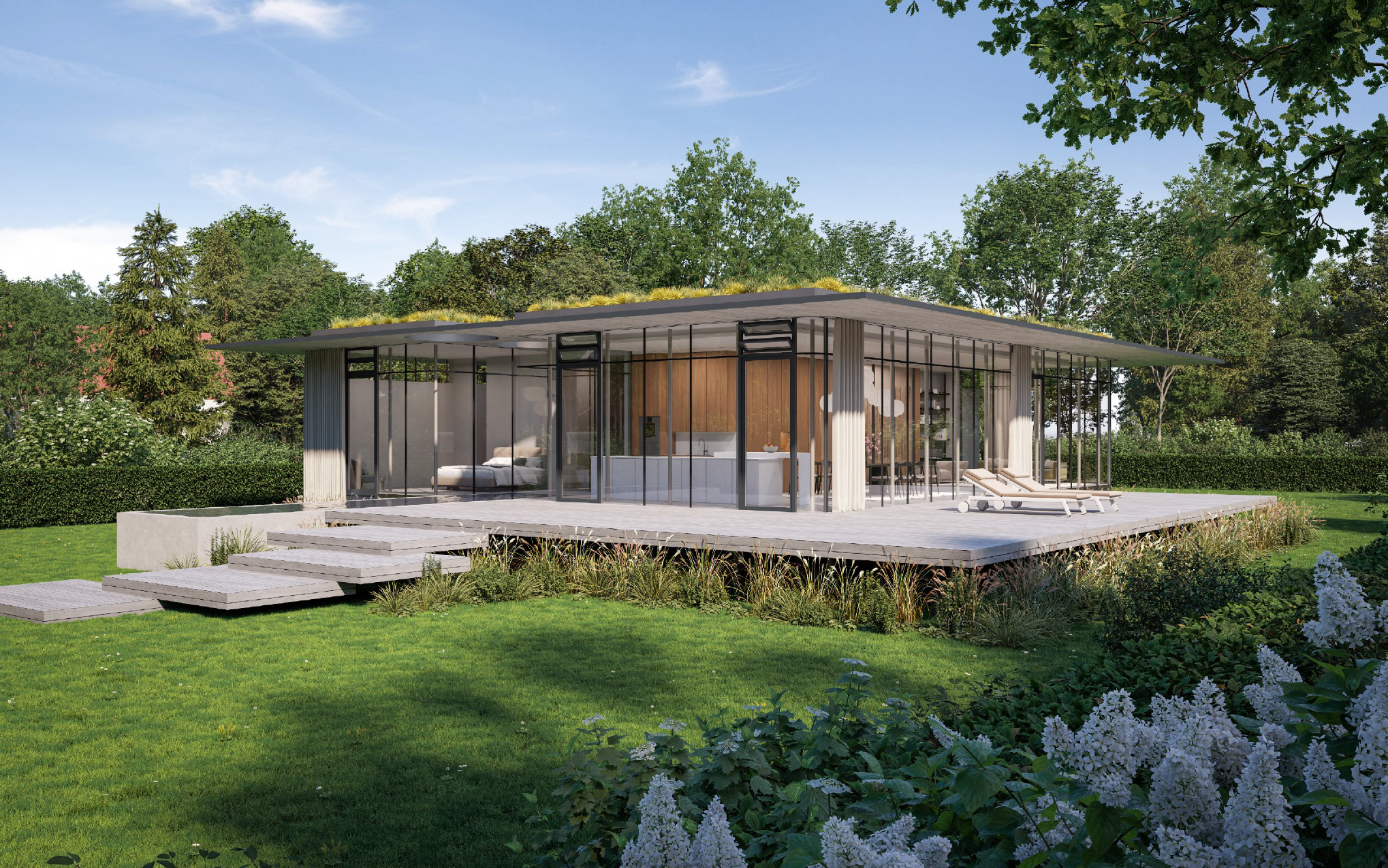 Maison individuelle à Brandis avec plancher CLT, dalle flottante et toiture-terrasse végétalisée, © STUDIO RALF HUG GmbH