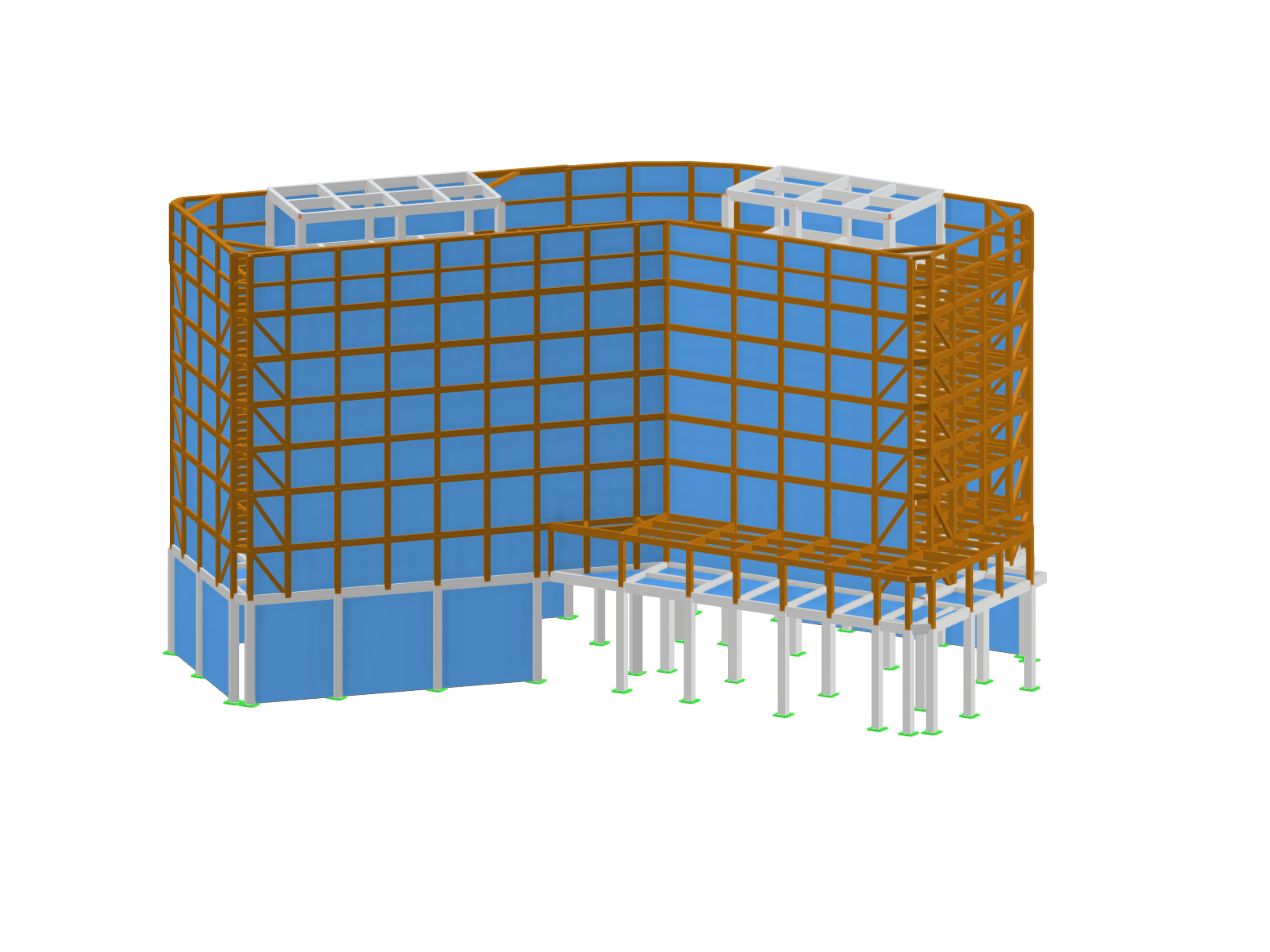 Modèle structural 3D d’un bâtiment de 7 étages en construction hybride avec poteaux en béton armé coulé sur place, planchers mixtes acier-béton et voiles de contreventement au rez-de-chaussée