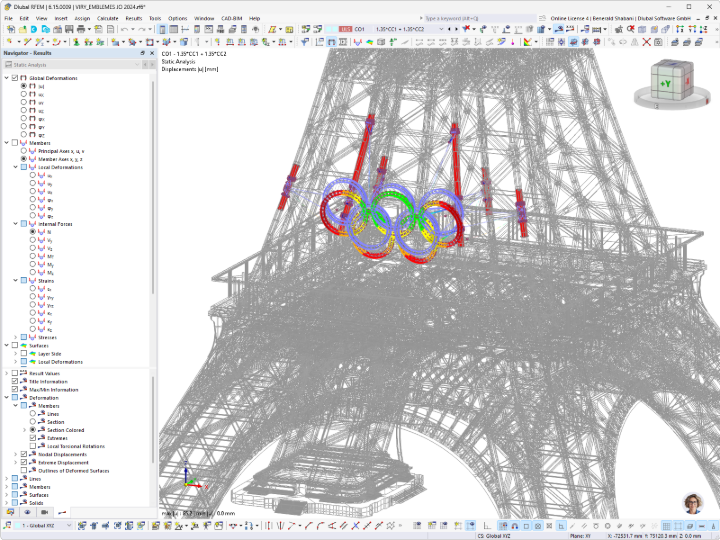 Déformations des anneaux olympiques de la tour Eiffel dans RFEM