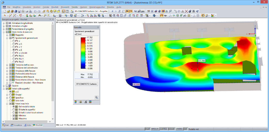 Visualizzazione grafica dei risultati in RFEM con deformazione nello stato II