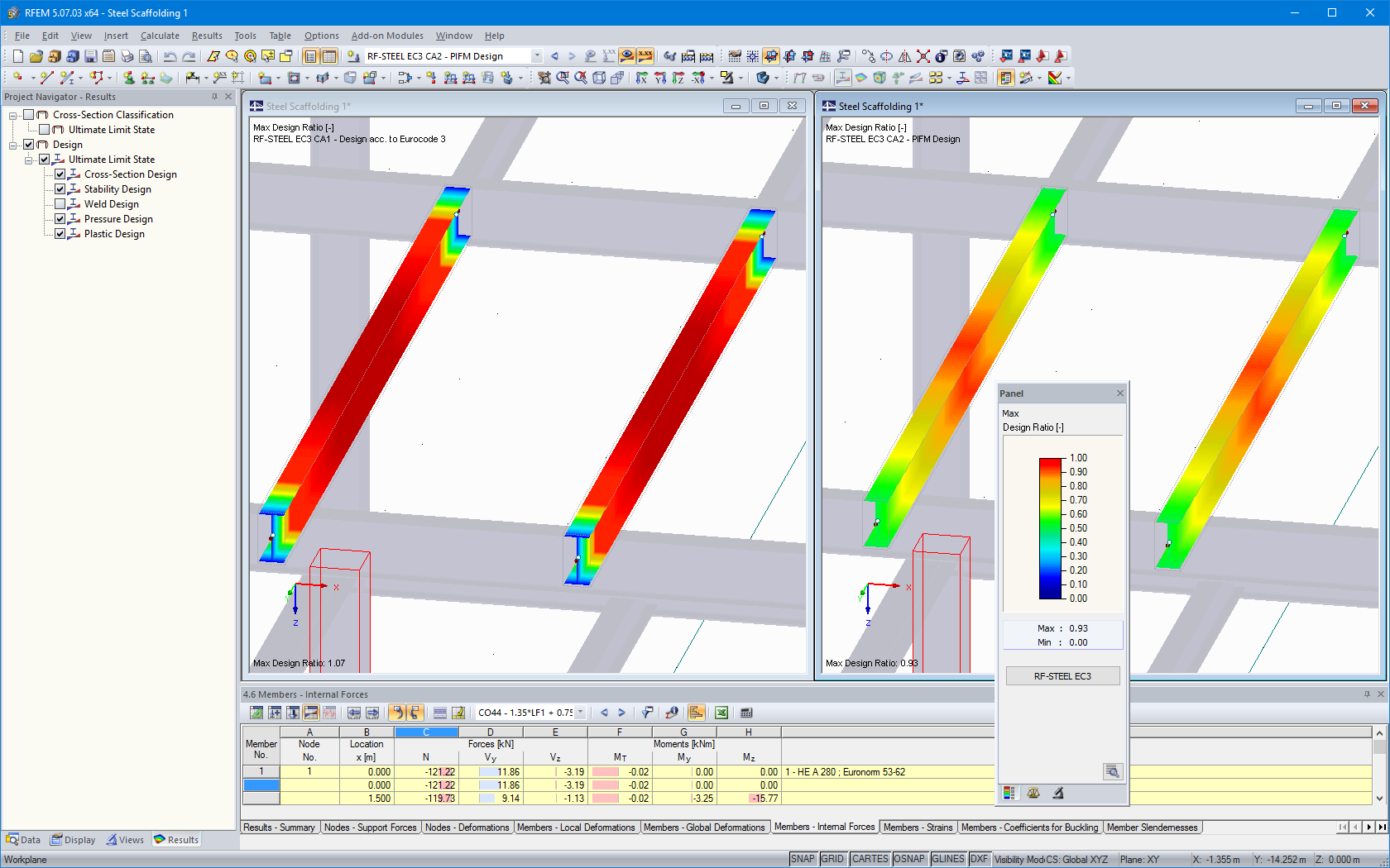 Verifica dell'acciaio in RFEM senza (sinistra) e con (destra) plasticità RF-STEEL