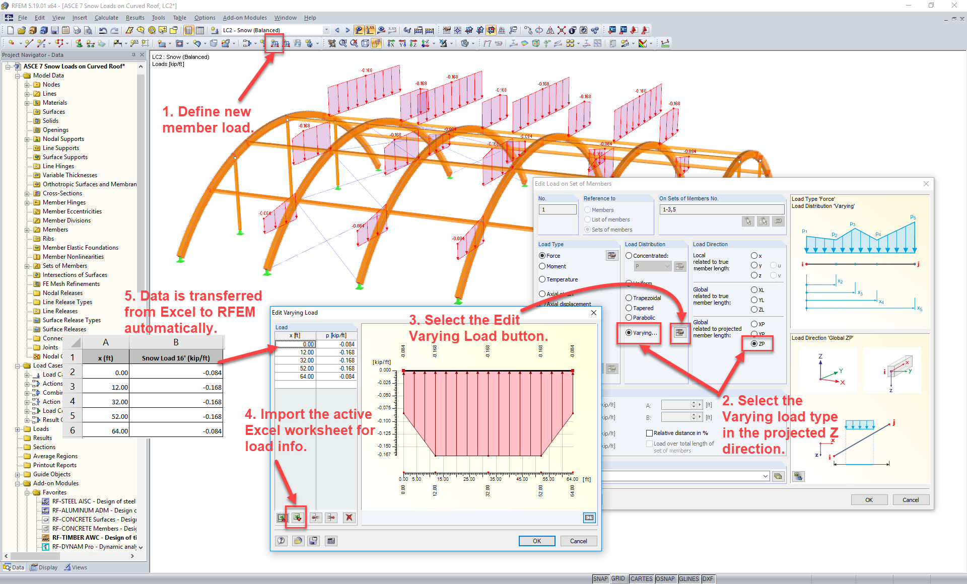Dati Excel importati in RFEM per Carico variabile dell'asta