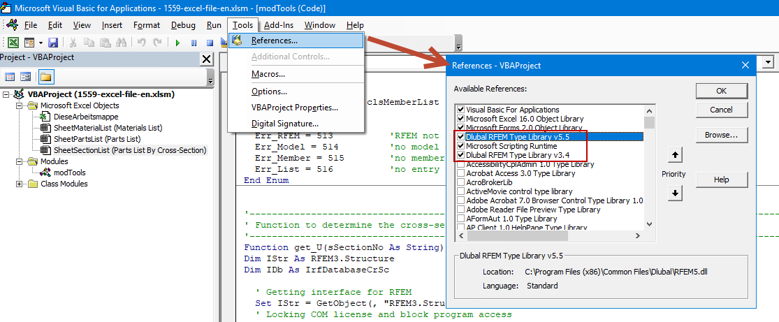 Integra le librerie dei tipi Dlubal RFEM e Microsoft Scripting Runtime