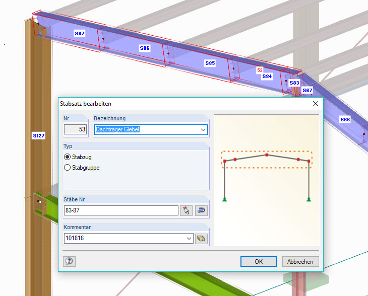 Set di aste di RFEM che combinano singole aste e corrispondono a componenti fisici nel modello BIM