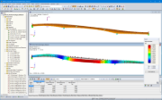 Modello e prima deformata modale in RFEM del ponte pedonale e ciclabile (© IB Miebach)