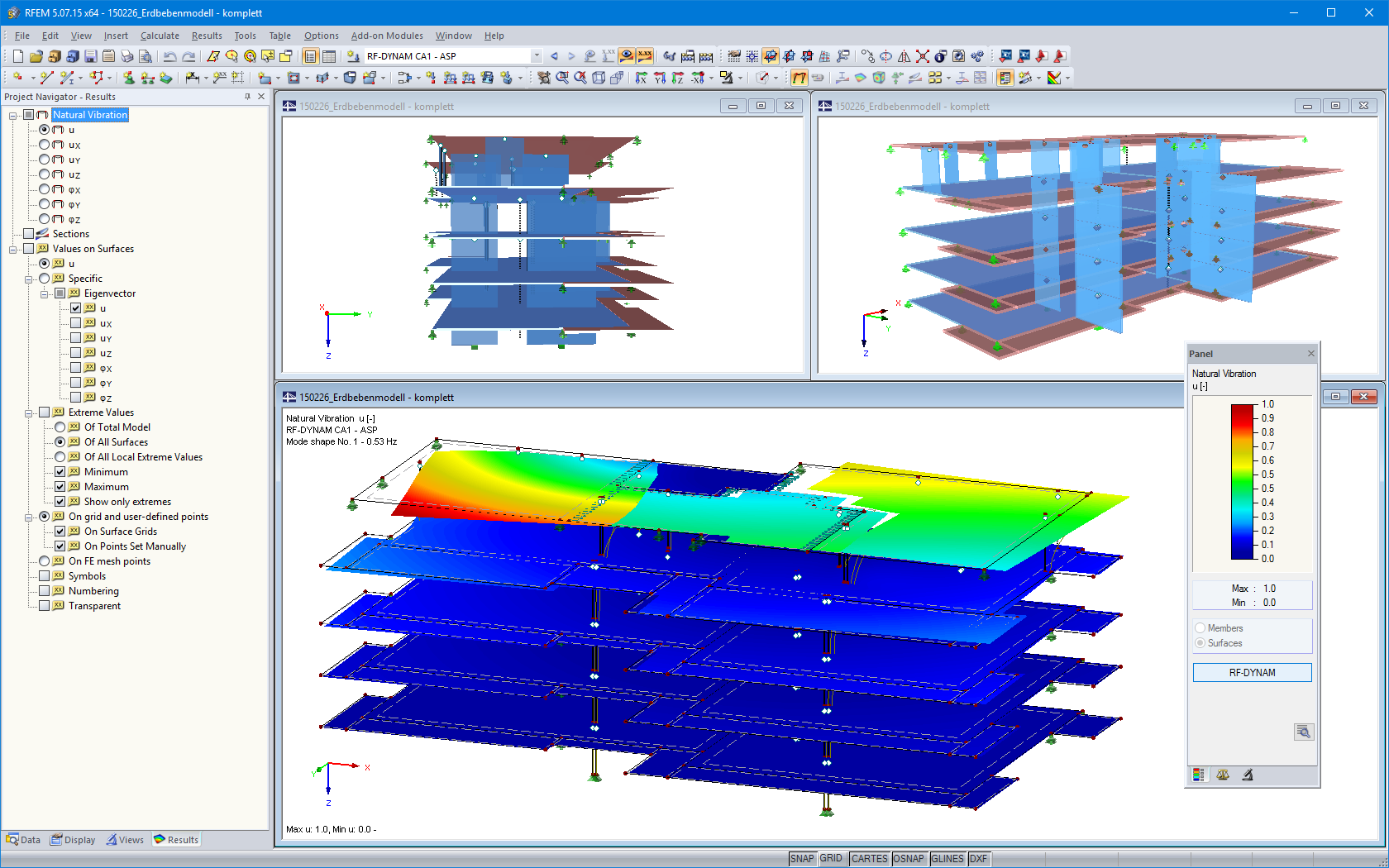 Modello RFEM della casa passiva in legno a cinque piani con la prima forma modale (© Pirmin Jung Ingenieure)