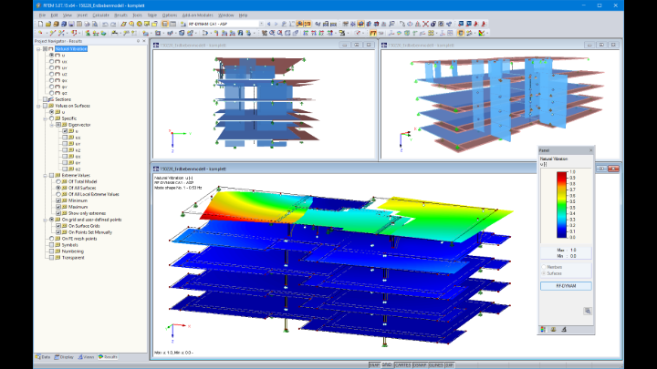 Modello RFEM della casa passiva in legno a cinque piani con la prima forma modale (© Pirmin Jung Ingenieure)