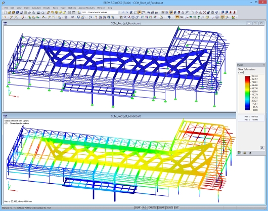 Modello della copertura del food court in RFEM con risultati delle deformazioni (© Obermeyer a.s.)