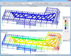 Modello della copertura del food court in RFEM con risultati delle deformazioni (© Obermeyer a.s.)