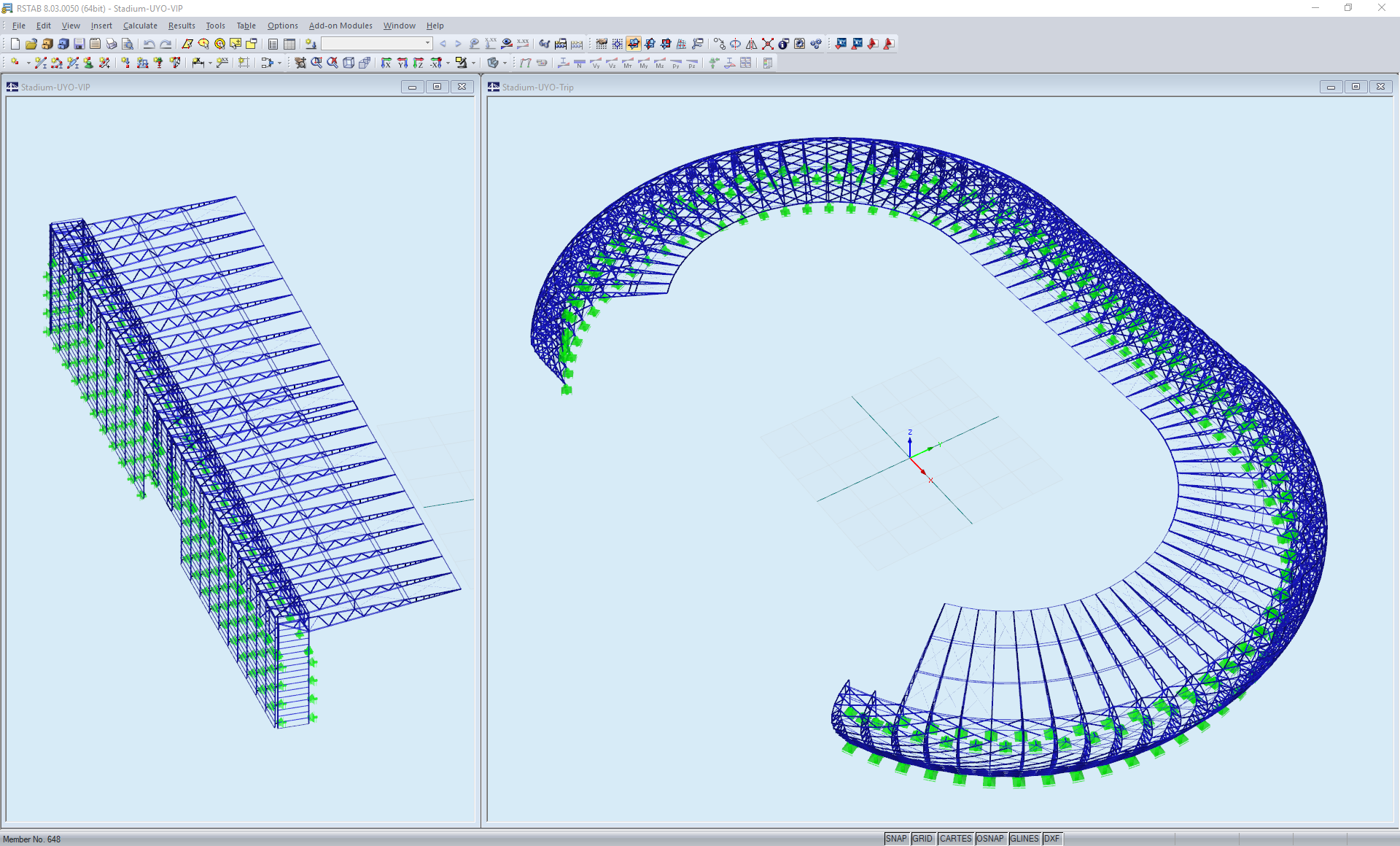 Modello 3D del VIP Box (sx) e dello stadio (destra) in RSTAB