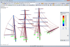 La deformazione di alberi e pennoni in caso di una tempesta con vento 54 nodi (circa 100 km/h) in RFEM (© Wollert)
