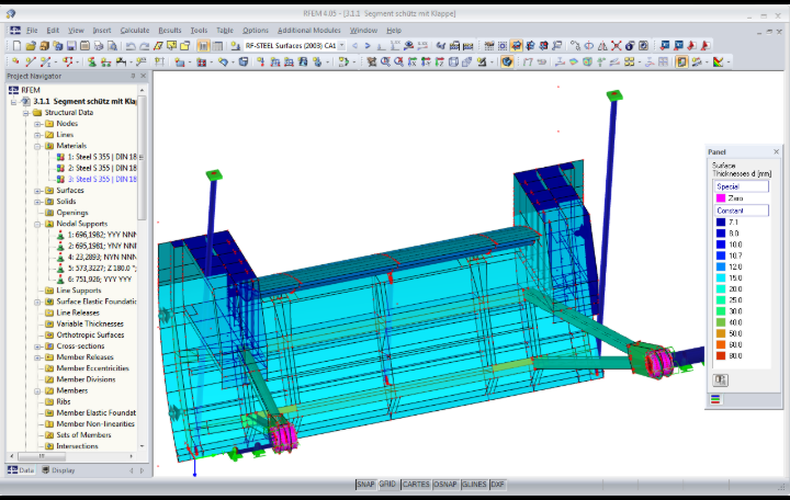 Modello RFEM degli spessori delle superfici in RF-STEEL (© Ingenieurbüro Jürgen Ehlenz)