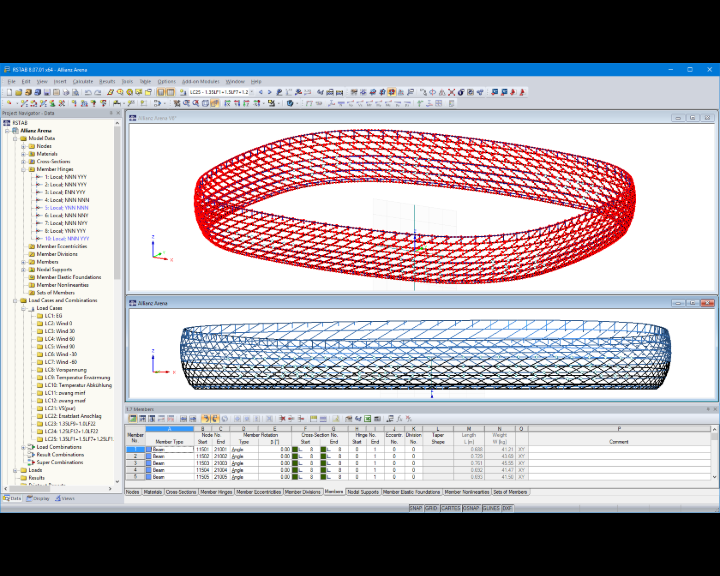 Modello 3D della struttura trave di Allianz Arena in RSTAB (© IPL GmbH)
