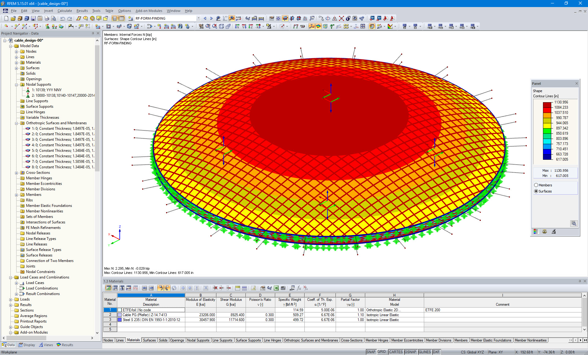 Modello 3D del cuscino in ETFE con la trama di funi in RFEM (© z3rch)