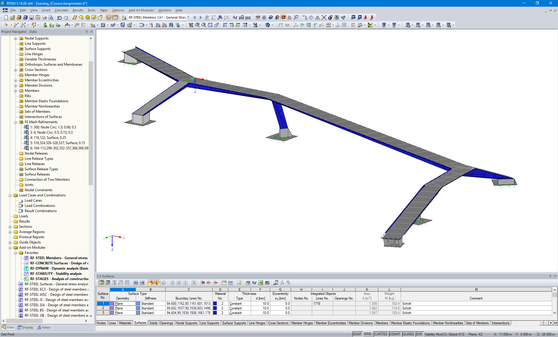 Modello 3D della struttura di sostegno di Isarsteg in RFEM (© Bergmeister Ingenieure GmbH)